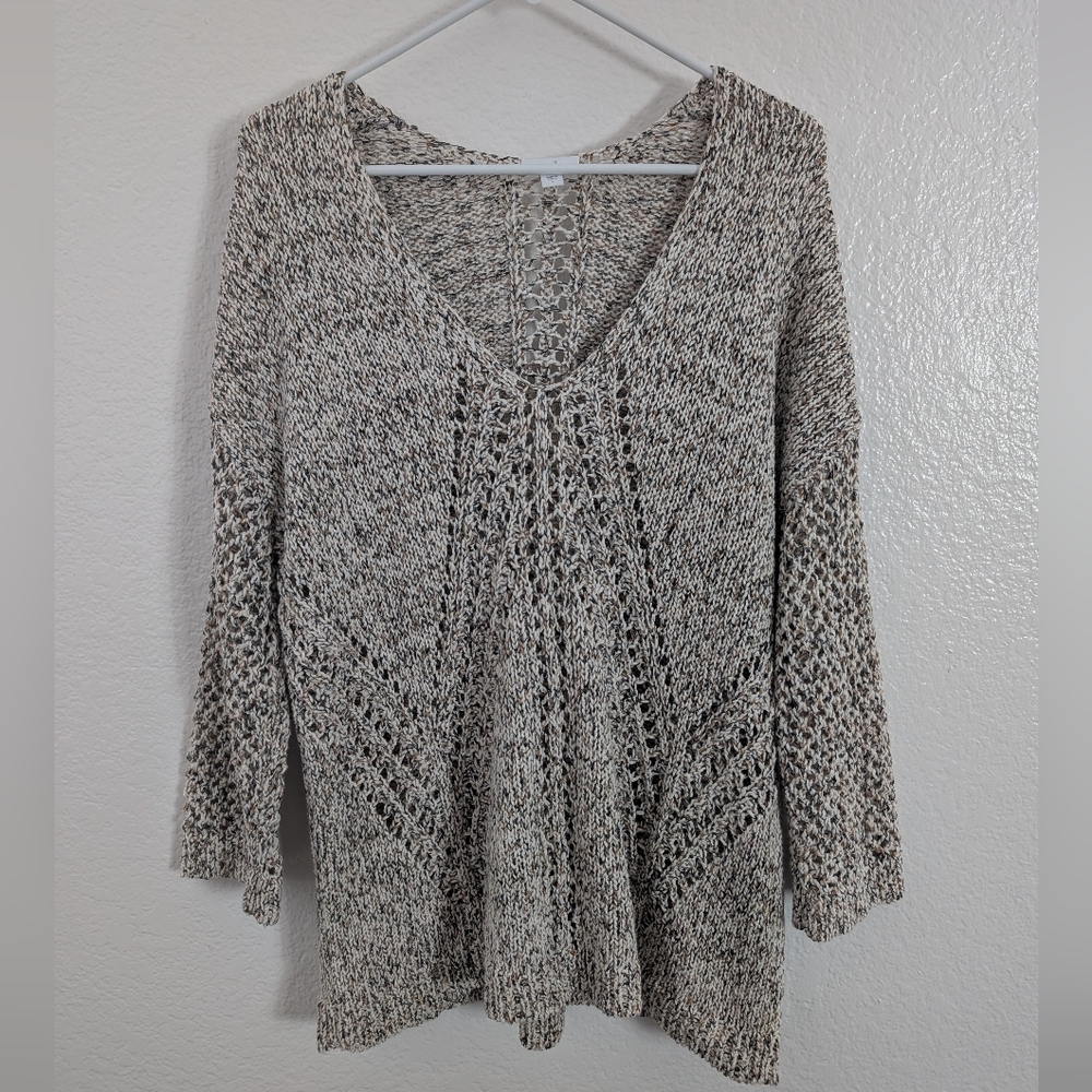 J. Jill Women's Open Knit V-Neck Sweater Size Large Cream Neutral